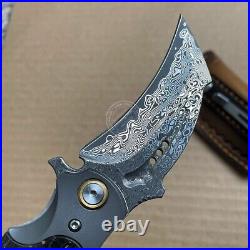 Japanese Damascus Folding Claw Knife Survival Karambit Hunting Ball Bearing Case