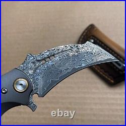 Japanese Damascus Folding Claw Knife Survival Karambit Hunting Ball Bearing Case