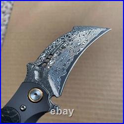 Japanese Damascus Folding Claw Knife Survival Karambit Hunting Ball Bearing Case