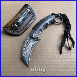 Japanese Damascus Folding Claw Knife Survival Karambit Hunting Ball Bearing Case