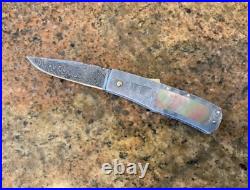 Joe Kious Custom Damascus Mother Of Pearl Button Release Lock Back