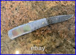 Joe Kious Custom Damascus Mother Of Pearl Button Release Lock Back