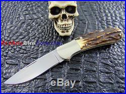Joe Kious Custom Handmade Gorgeous Stag Lock Back Folder Knife D2 Blade