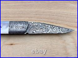 Kevin Harvey white pearl and damascus custom folding knife with meteorite