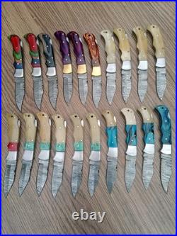 LOT OF 20 Handmade Damascus Steel Back Lock Folding Pocket knife camping Hunting