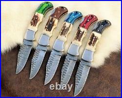 LOT OF 20, Handmade Damascus Steel Folding pocket Knife In Stag Horn With Sheaths