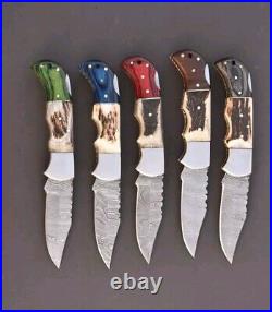 LOT OF 20, Handmade Damascus Steel Folding pocket Knife In Stag Horn With Sheaths