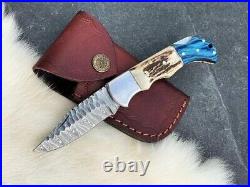 LOT OF 20, Handmade Damascus Steel Folding pocket Knife In Stag Horn With Sheaths