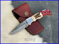 LOT OF 20, Handmade Damascus Steel Folding pocket Knife In Stag Horn With Sheaths