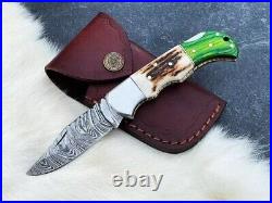 LOT OF 20, Handmade Damascus Steel Folding pocket Knife In Stag Horn With Sheaths