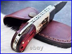 LOT OF 20, Handmade Damascus Steel Folding pocket Knife In Stag Horn With Sheaths