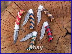 LOT OF 20 Pcs Handmade Damascus Steel Folding Knives, pocket Knives With Sheaths