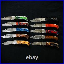 LOT of 10 pcs Damascus Steel Hunting Folding knife, Pocket Knives with Sheath JWK