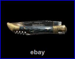 Laguiole Bougna Pocket Knife Corkscrew Emerald Green Woodgrain Brass Ends RARE