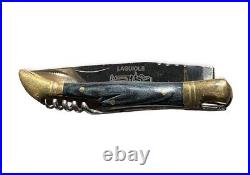 Laguiole Bougna Pocket Knife Corkscrew Emerald Green Woodgrain Brass Ends RARE