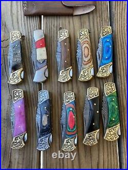 Lot Of 10 Damascus Steel Folding Pocket Knife WithBack Lock & Leather Sheaths