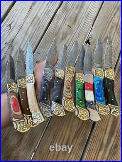 Lot Of 10 Damascus Steel Folding Pocket Knife WithBack Lock & Leather Sheaths