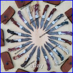 Lot Of 20, Handmade Damascus Steel Folding Knives, Pocket knives Withsheaths (WPX)