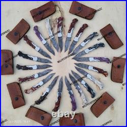 Lot Of 20, Handmade Damascus Steel Folding Knives, Pocket knives Withsheaths (WPX)