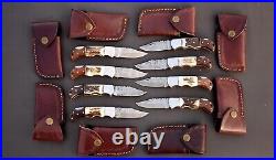 Lot Of 20pcs Of Pocket Knives, Antler & Color Wood Handle With Leather Sheath