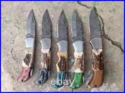 Lot Of 20pcs Of Pocket Knives, Antler & Color Wood Handle With Leather Sheath