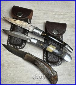 Lot Of 3 Beautiful Handmade Damascus Knives Withsheaths For Two Of Them