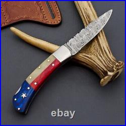Lot Of 5 Handmade Damascus Steel Blade Texas Flag Folding Pocket Knife & Sheath