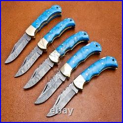 Lot Of 5 Turquoise Stone Knife, Custom Handmade Damascus Steel Folding Knife