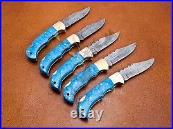 Lot Of 5 Turquoise Stone Knife, Custom Handmade Damascus Steel Folding Knife