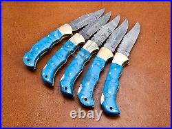 Lot Of 5 Turquoise Stone Knife, Custom Handmade Damascus Steel Folding Knife