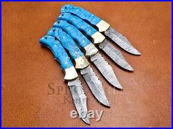 Lot Of 5 Turquoise Stone Knife, Custom Handmade Damascus Steel Folding Knife