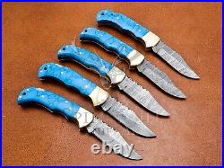 Lot Of 5 Turquoise Stone Knife, Custom Handmade Damascus Steel Folding Knife