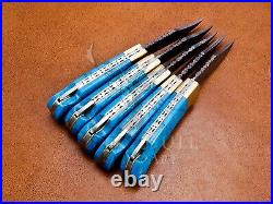 Lot Of 5 Turquoise Stone Knife, Custom Handmade Damascus Steel Folding Knife