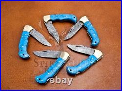 Lot Of 5 Turquoise Stone Knife, Custom Handmade Damascus Steel Folding Knife