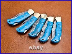 Lot Of 5 Turquoise Stone Knife, Custom Handmade Damascus Steel Folding Knife