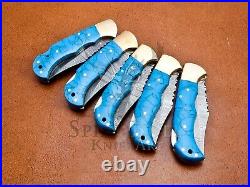 Lot Of 5 Turquoise Stone Knife, Custom Handmade Damascus Steel Folding Knife