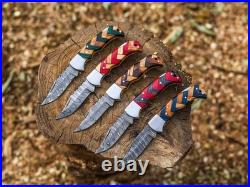 Lot of 20 Pcs Handmade Damascus Steel Folding Knives, Pocket Knives With Sheaths