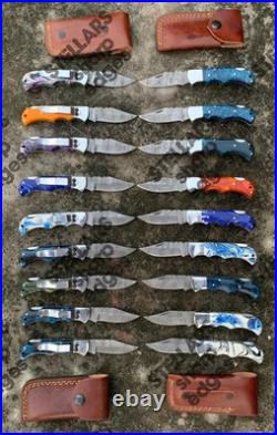 Lot of 20 custom handmade Damascus steel folding pocket knives