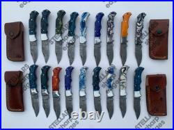 Lot of 20 custom handmade Damascus steel folding pocket knives
