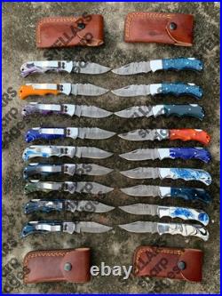 Lot of 20 custom handmade Damascus steel folding pocket knives