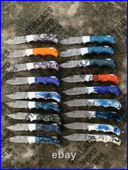 Lot of 20 custom handmade Damascus steel folding pocket knives
