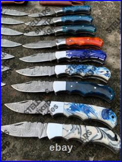 Lot of 20 custom handmade Damascus steel folding pocket knives