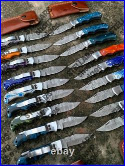 Lot of 20 custom handmade Damascus steel folding pocket knives