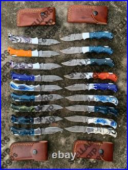 Lot of 20 custom handmade Damascus steel folding pocket knives