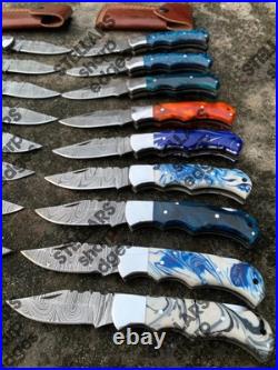 Lot of 20 custom handmade Damascus steel folding pocket knives