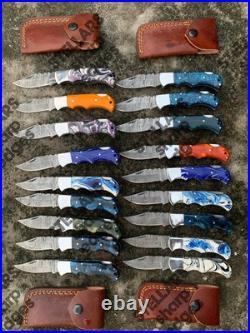 Lot of 20 custom handmade Damascus steel folding pocket knives