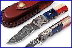 Lot of 5 HANDMADE DAMASCUS STEEL TEXAS FLAG FOLDING KNIFE WALNUT WOOD