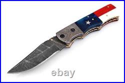 Lot of 5 HANDMADE DAMASCUS STEEL TEXAS FLAG FOLDING KNIFE WALNUT WOOD