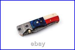 Lot of 5 HANDMADE DAMASCUS STEEL TEXAS FLAG FOLDING KNIFE WALNUT WOOD