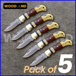 Lot of 5 PCS Damascus handmade Folding knife Wood & Bone Handle Hunting Tool